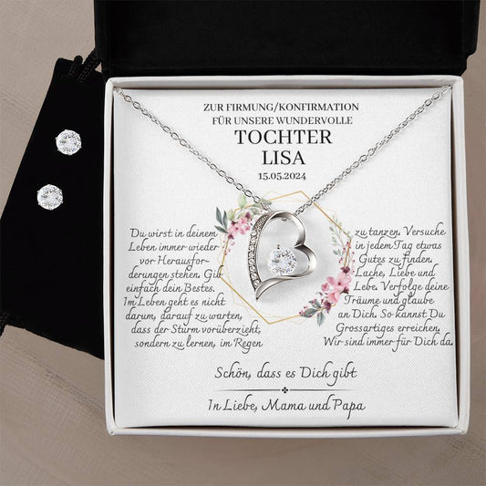 Tochter Firmung, Konfirmation Geschenk - einzigartiges Set Herz-Halskette & Ohrringe | Mutter Tochter Kette | Kette personalisiert | 18k