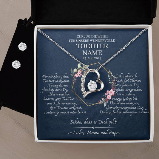 Tochter Geschenk Jugendweihe - einzigartiges Set Herz-Halskette & Ohrringe | Mutter Tochter Kette | Kette personalisiert | 18k