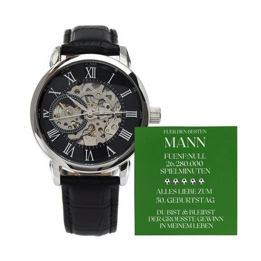 50. Geburtstag Mann Fussball Grusskarte | Männer Armbanduhr mit offenem Gehäuse | Jahrestag Geschenk für Mann