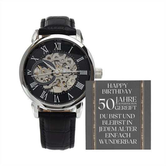 50. Geburtstag Mann Geschenk mit Grusskarte | Männer Armbanduhr mit offenem Gehäuse | Jahrestag Geschenk für Mann