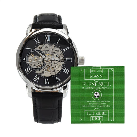 50. Geburtstag Mann Fussball Grusskarte | Männer Armbanduhr mit offenem Gehäuse | Jahrestag Geschenk für Mann